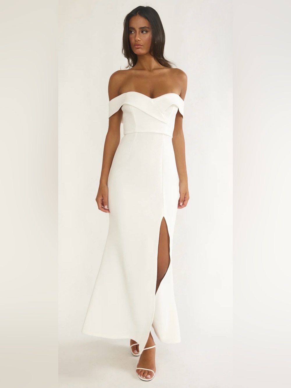 NWOT Off-Shoulder White Maxi Dress with Front Slit, saints and secrets, sz S